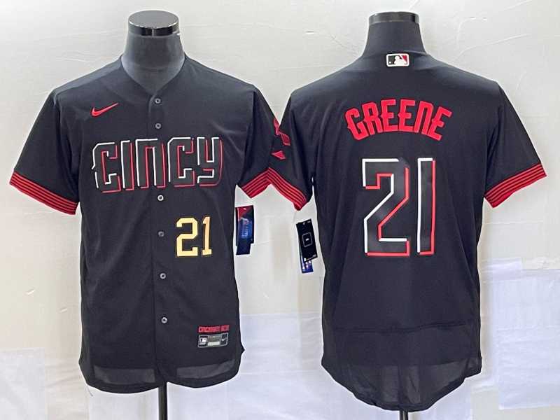 Men%27s Cincinnati Reds #21 Hunter Greene Number Black 2023 City Connect Flex Base Stitched Jerseys
